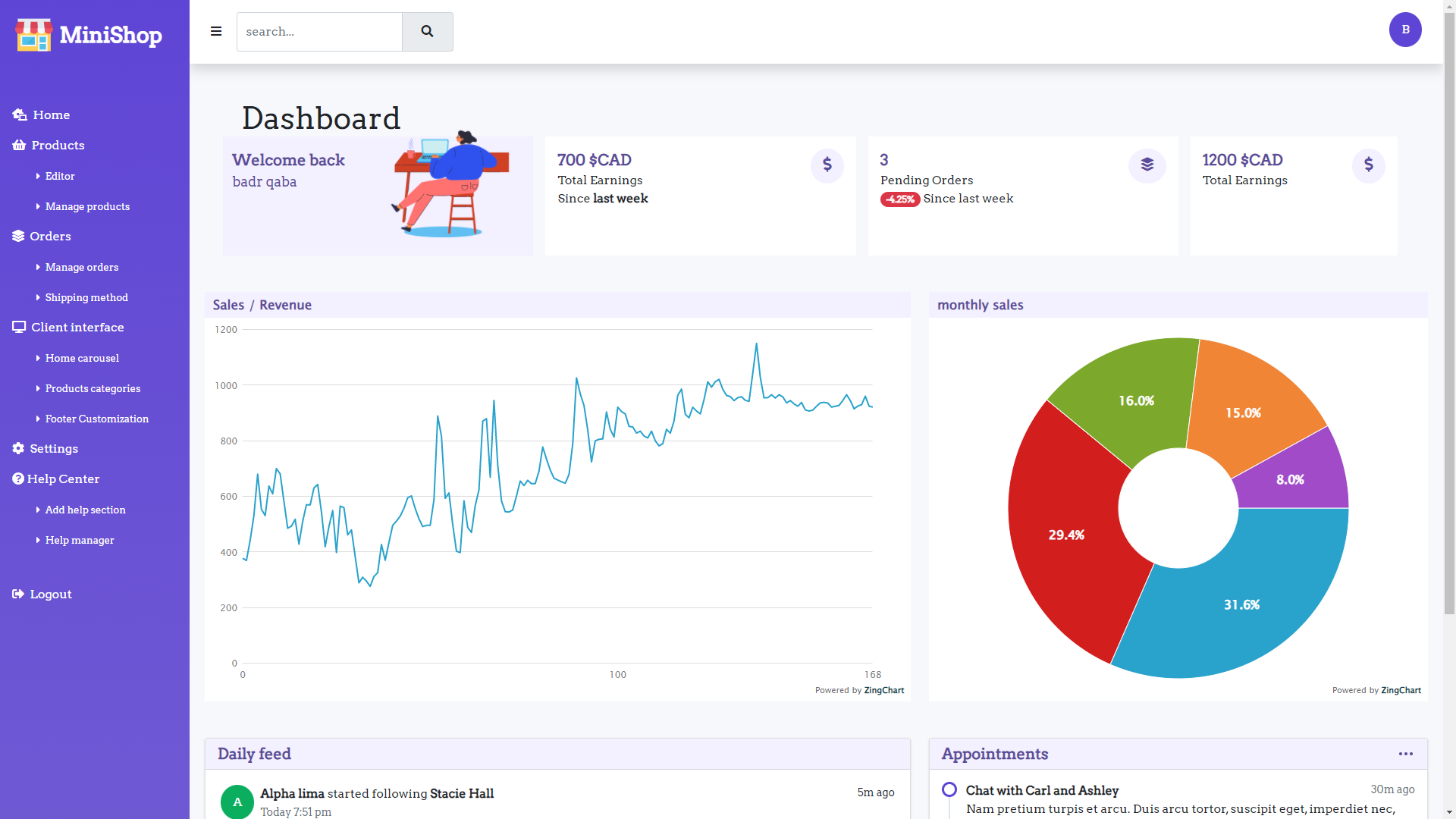 admin dashboard